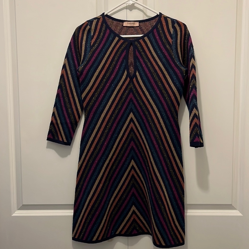 Twinset Milano Chevron Striped Long Sleeve Dress with Metallic Sparkle